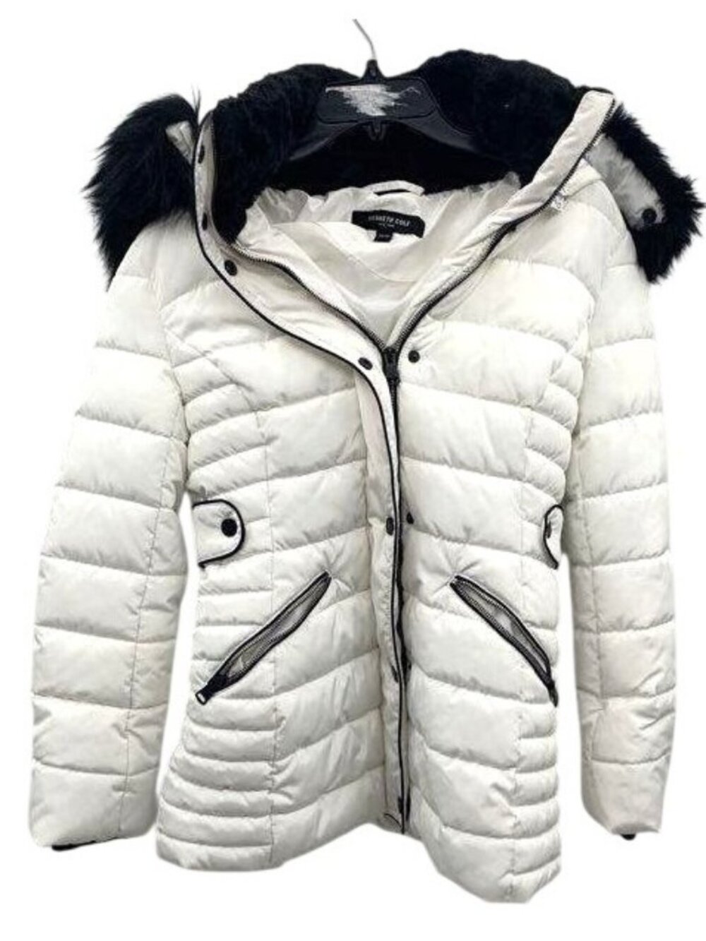 Kenneth Cole Womens White Quilted Puffer Jacket With Faux Fur Hood XS